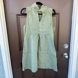 Terzo Millennio 100% Linen Sleeveless V-Neck Green Knee Length Dress